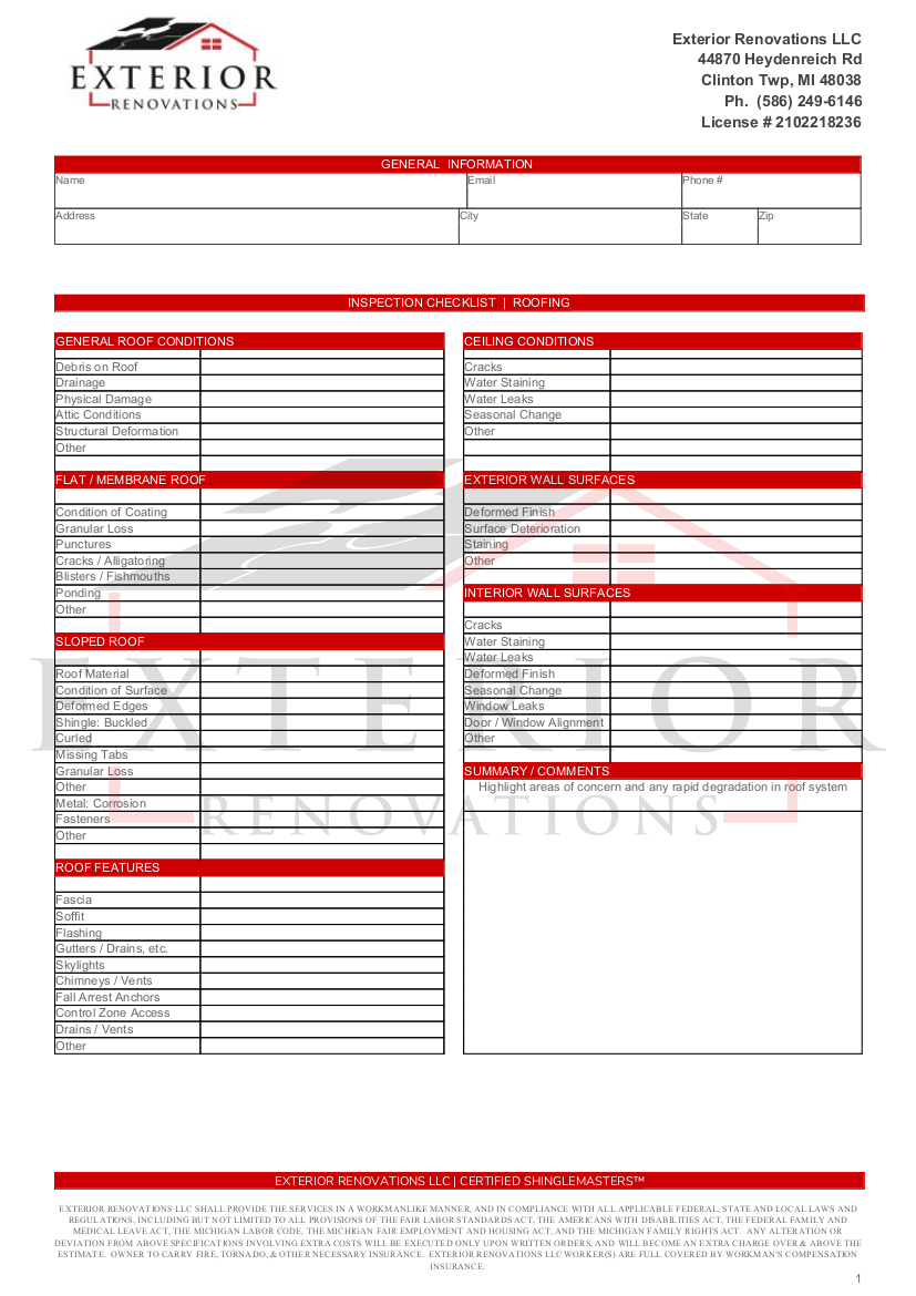 Printable Roof Inspection Form Template